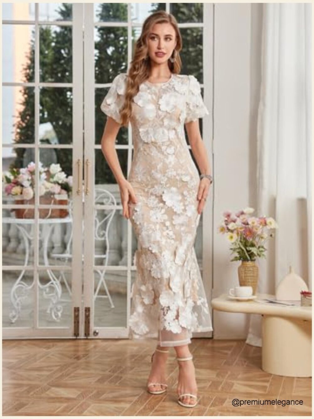 3D Floral Embroidery Maxi Dress Ruffle Sleeve Fishtail Bodycon Party - Picture 2 of 7
